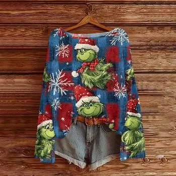 Womens Fall Sweaters Long Sleeve Print Tops Pullover Sweaters Loose Dressy Casual Basic Clothes L синий