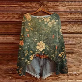 Womens Fall Sweaters Long Sleeve Print Tops Pullover Sweaters Loose Dressy Casual Basic Clothes L армия зеленый