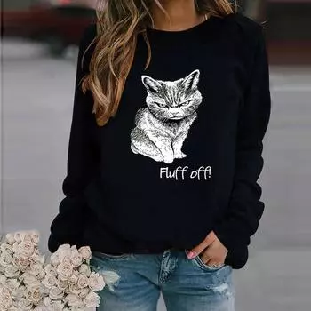 Womens Fashion Leisure Cat Print Long Sleeve Round Neck Casual Loose Tops M
