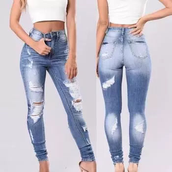 Womens Fashion Ripped Jeans Stretch Thin Beggar Pants Casual Denim Pants High Waist Leggings Trousers XXXL синий