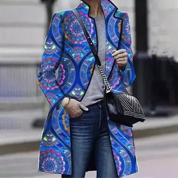 Womens Fashion Suit Collar Printed Long Sleeve Casual Outwear Coat Tops L