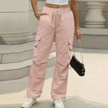 Womens Fashionable Solid Color High Waisted Drawstring Loose Pocket Binding Quick Drying Casual Pants L розовый