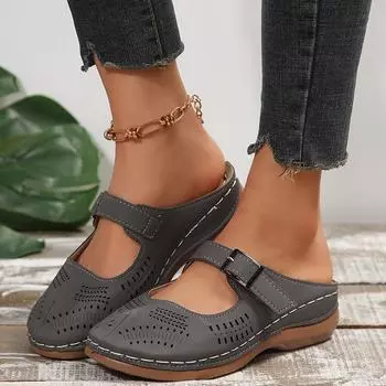 Womens Faux Leather Solid Round Toe Flat Heel Wedge Sandals Comfortable Slip-on Buckle Strap Design, Soft Faux Leather Insole 38 серый