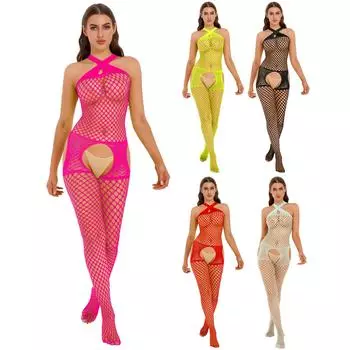 Женское боди-чулок в сеточку с вырезом-хомутиком и перекрещивающейся бретелькой через шею Clubwear One Size