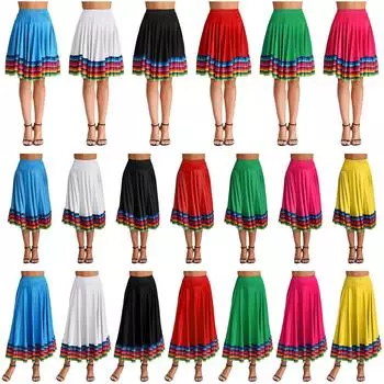 Womens Folk Dance Costume Elastic Waist Skirt with Multicolor Stripe Detail Flamenco Ballroom Performance Tiered Skirt XL