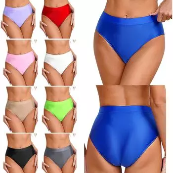 Womens Glossy Smooth Briefs Elastic Waistband Solid Color Underwear Swimwear-Compatible Seamless Daily Panties M чёрный