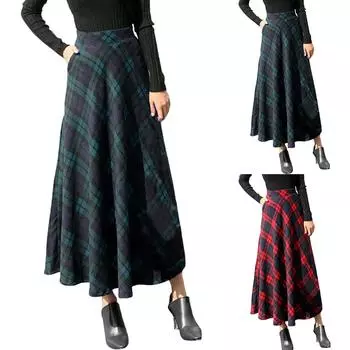 Женские эластичные юбки с высокой талией макси-трапеции в клетку, зимняя теплая расклешенная юбка до щиколотки L зелёный