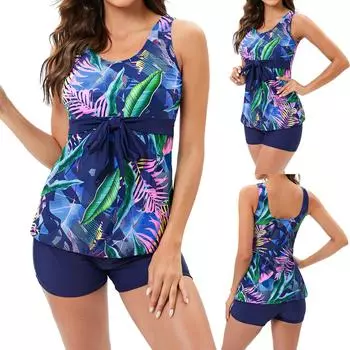 Женские купальники с высокой талией больших размеров, бикини с принтом листьев, с баской и разрезом M фиолетовый