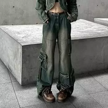 Женские джинсы с боковыми карманами, карго, бойфренд, мешковатые, свободные, широкие, прямые, джинсовые брюки @ harajuku streetwear y2k hiphop bf fabric XS синий