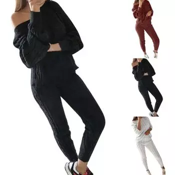 Женский однотонный вязаный теплый комплект из 2 предметов для домашней одежды с открытыми плечами XXL бежевый