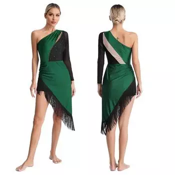 Womens Latin Ballroom Dance Dress One Shoulder Asymmetric Fringe Tassel Detail Shiny Rhinestones for Salsa Tango Performances S зелёный