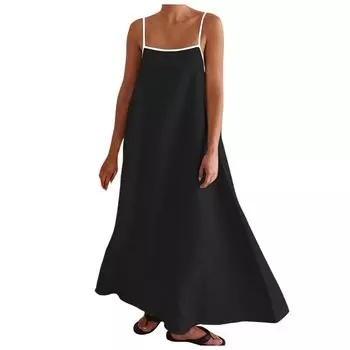 Женское льняное платье макси с контрастной отделкой на бретельках, летние наряды, длинные платья без рукавов для путешествий, отпуска S хаки