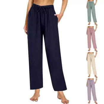 Женские льняные брюки, летние повседневные широкие брюки, свободные модные брюки-палаццо с высокой талией на шнурке и карманами L хаки