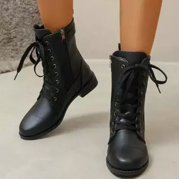 Womens Low-heeled Knight Boots 2025 New Punk Style Zipper Design Mid-calf Boots Spring and Autumn Women s PU Leather Botas Mujer 36 чёрный