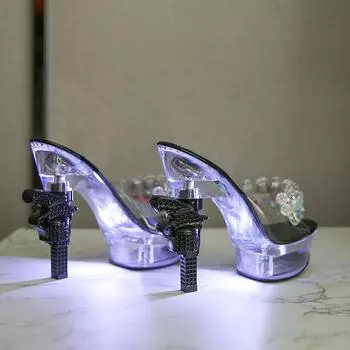 Женские светящиеся туфли на толстом каблуке с пирсингом в виде бусины, летние туфли на платформе с нескользящей толстой подошвой, сексуальные туфли LFD-10314-25A 35 чёрный