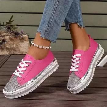 Womens Luxury Shoes 2024 New Womens Non-slip Thick-soled Walking Student Shoes Rhinestone Design Casual Lace-up Outdoor Sneakers 35 чёрный