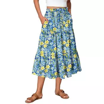 Womens Maxi Skirt Drawstring High Waisted Summer Long Skirts Lightweight Tiered Flowy Floral Pleated Skirts L