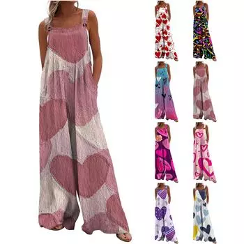 Женские комбинезоны, повседневные комбинезоны с широкими штанинами и принтом ко Дню святого Валентина, комбинезоны без рукавов с карманами, наряды L чёрный