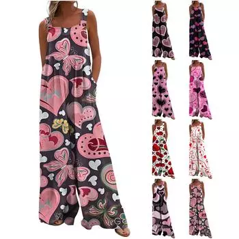 Женские комбинезоны, повседневные комбинезоны с широкими штанинами и принтом ко Дню святого Валентина, комбинезоны без рукавов с карманами, наряды L чёрный