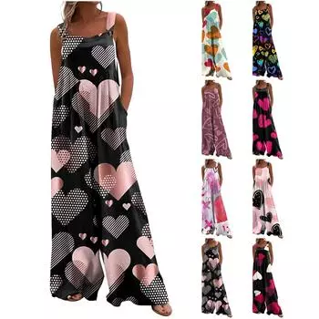 Женские комбинезоны, повседневные комбинезоны с широкими штанинами и принтом ко Дню святого Валентина, комбинезоны без рукавов с карманами, наряды L чёрный