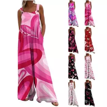 Женские комбинезоны, повседневные комбинезоны с широкими штанинами и принтом ко Дню святого Валентина, комбинезоны без рукавов с карманами, наряды L чёрный