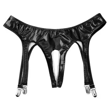 Женские трусы из лакированной кожи с глянцевой отделкой, застежки для чулок, открытая промежность, клубное нижнее белье S