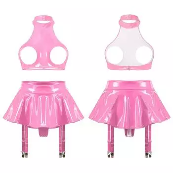 Женский комплект нижнего белья из лакированной кожи с оборками и встроенными стрингами Clubwear S