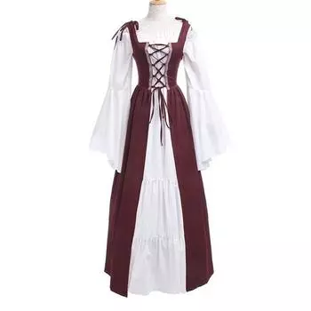 Womens Renaissance Vintage Medieval Long Dress Halloween Gothic Gown Costume WineRed,2XL