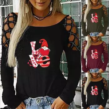 Женская блузка со стразами и ретро-принтом, повседневные топы, футболка с длинными рукавами L чёрный