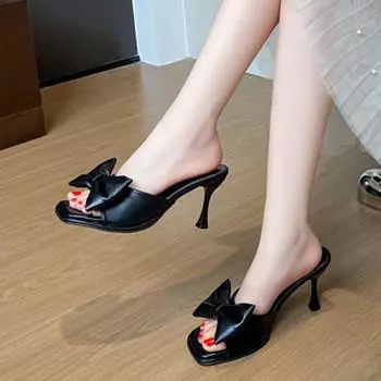Женские босоножки на высоком каблуке, модные дизайнерские элегантные однотонные туфли на высоком каблуке из искусственной кожи с открытым носком и неглубокой горловиной, женские тапочки 35 чёрный