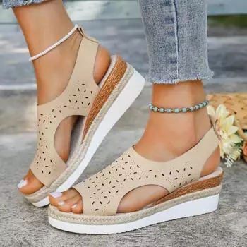 Womens Sandals Hollow Platform Sandals Fish Mouth Women s Shoes Outdoor Beach Wedges Sandal Woman Footwear Women Retro Casual 36 бежевый