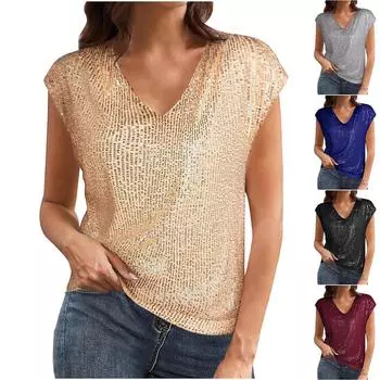 Womens Sequin T-Shirt Casual V-Neck Glitter Shirt For Party Short Sleeve Tunic Tops Holiday Blouse M чёрный