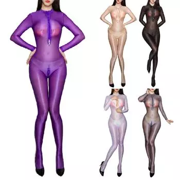 Womens Sheer Glossy Bodysuit Front Zipper Closure Silky Tight-Fit Jumpsuit No Crotch Design Sensual Clubwear Lingerie XL