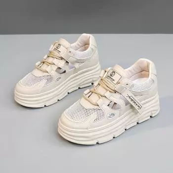 Womens Shoes 2025 Summer Hollow Mesh Platform Sneakers Heightened Fashion Versatile Casual Shoes Womens Sandal Large Size 35-42 34 хаки