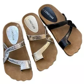 Womens Slippers Casual Low Shoes Woman 2024 Luxury Flat Slippers Summer New Golden Silver Black Open Toe Slippers 35 чёрный