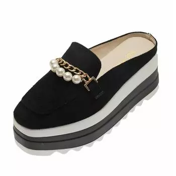 Womens Slippers Fashion Pearl Chain Shoes 7cm Heeled Suede Platform Comfortable Loafers Baotou Outdoor Casual Mules Slippers 40 чёрный