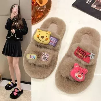 Женские тапочки, обувь большого размера, зимняя, плюшевая, теплая, модная, для спальни, нескользящая, на толстой подошве, женская, мягкая, удобная, плоская обувь 35 чёрный