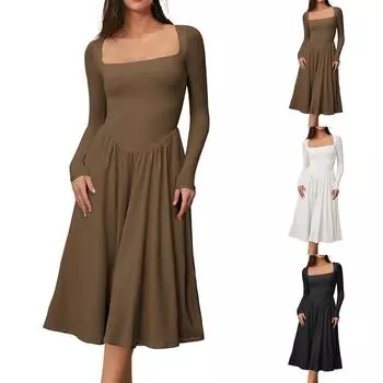 Womens Spring Fashion 2025 Square Neck Long Sleeve Casual A-Line Midi Dress M чёрный