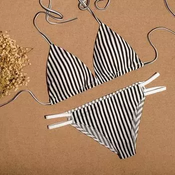 Womens Stripe Swimwear Bikini Set Bandage Bathing Beachwear Swimsuit Pushup S