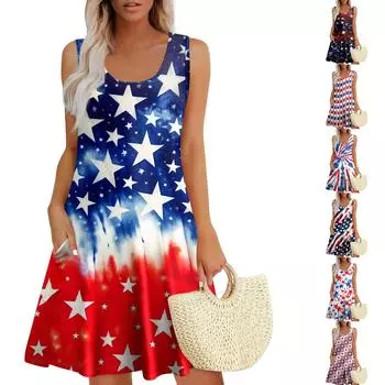 Womens Summer Dresses Print Loose U Neck Sleeveless Sundresses Dress With Pockets M