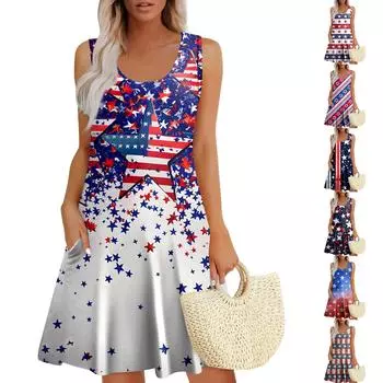 Womens Summer Dresses Print Loose U Neck Sleeveless Sundresses Dress With Pockets M тёмно-синий