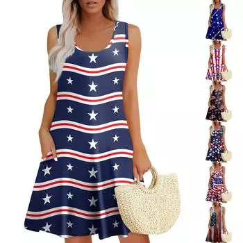 Womens Summer Dresses Print Loose U Neck Sleeveless Sundresses Dress With Pockets XXL красный