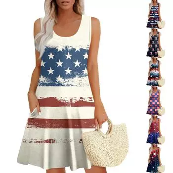 Womens Summer Dresses Print Loose U Neck Sleeveless Sundresses Dress With Pockets S красный