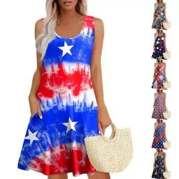 Womens Summer Dresses Print Loose U Neck Sleeveless Sundresses Dress With Pockets L синий