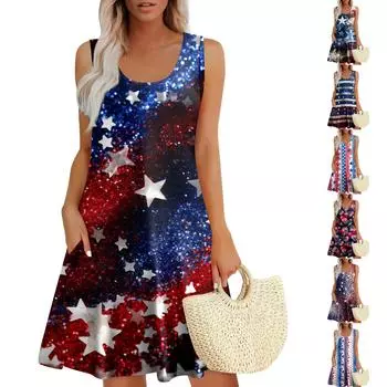 Womens Summer Dresses Print Loose U Neck Sleeveless Sundresses Dress With Pockets XL