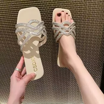 Женские летние модные шлепанцы с квадратным носком и открытым носком, новые со стразами и перфорацией, пляжные женские балетки, Mujer Zapatosa 35