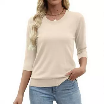 Womens Sweaters 3/4 Sleeve Pullover Tops O Neck Blouses Business Casual Fashion Clothes L хаки