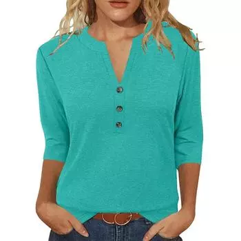 Womens Tops 3/4 Sleeve V Neck Shirts Dressy Casual Tunic Blouses Summer Tees S синий