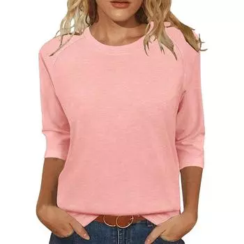 Womens Tops Casual 3/4 Sleeve Crew Neck Shirts Loose Fit Tunic Blouses Summer Tees S розовый