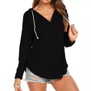 Womens V-neck Long-sleeved Sweater T-shirt Breathable Casual Hooded T-shirt Sports Pullover XXXL